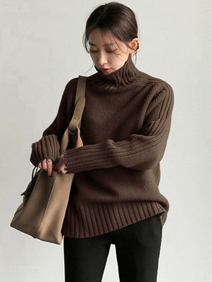 Loose Long Sleeves Solid Color High-Neck Sweater Tops