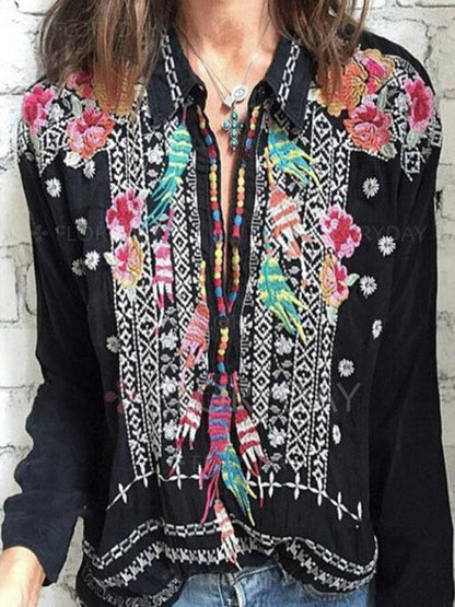 Casual V-Neck Floral Print Boho Blouses Tops