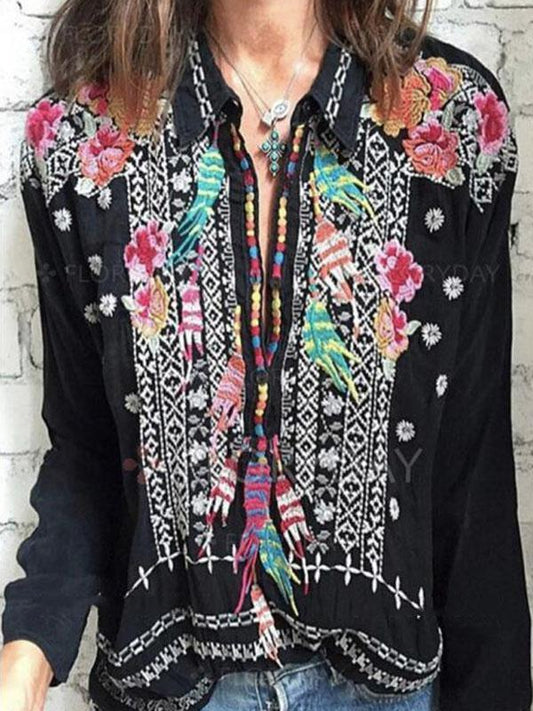 Casual V-Neck Floral Print Boho Blouses Tops