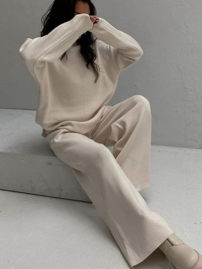 Loose Solid Color High-Neck Sweater Tops&Pants Suits