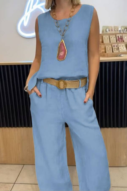 Cotton and linen solid color sleeveless trousers two-piece suit