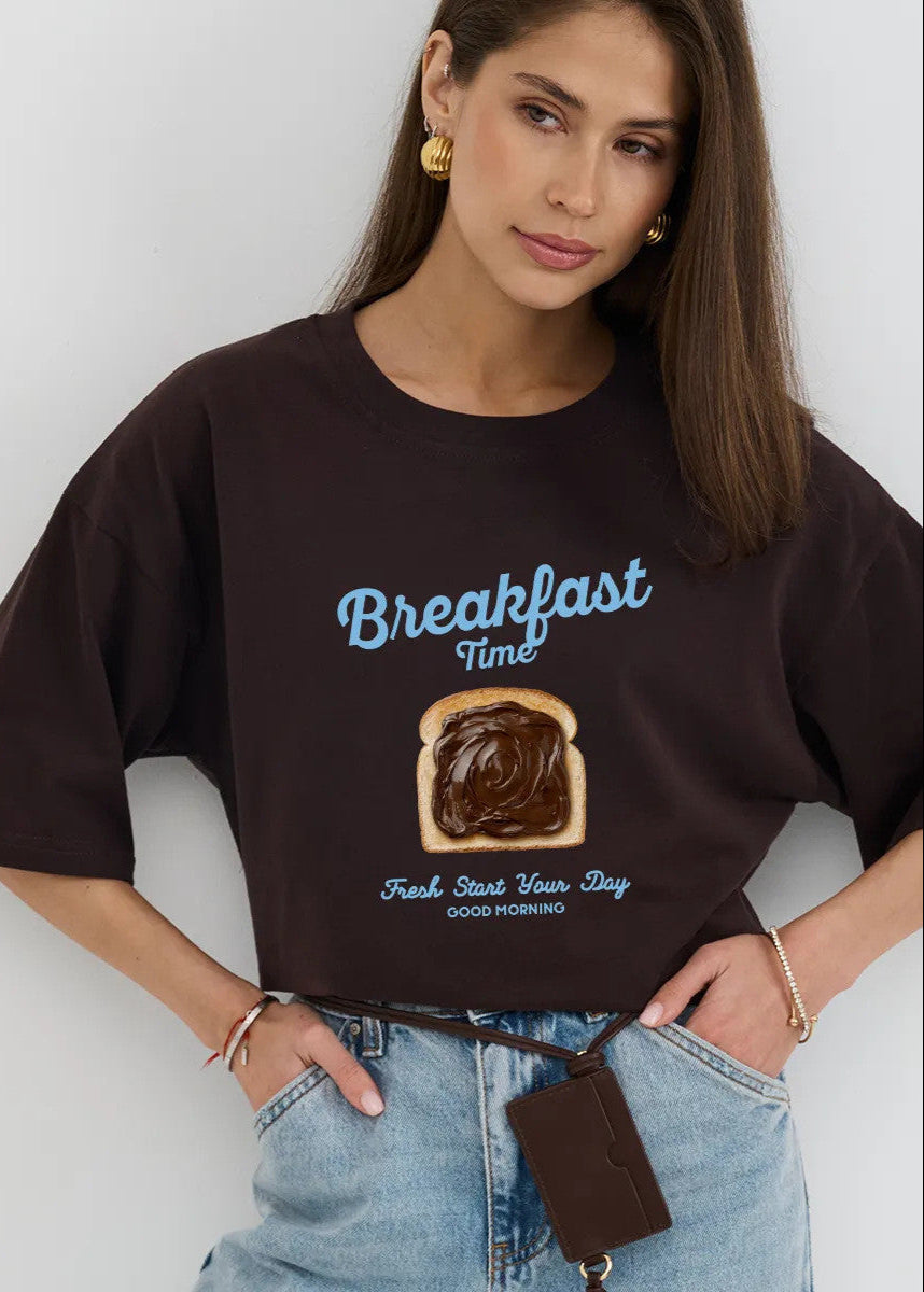 Oversized Cotton Tee With Breakfast Print