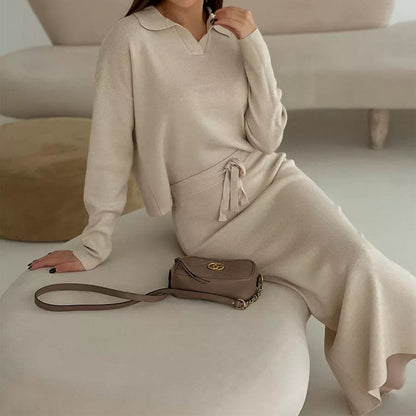 Knit Fall Polo Collar Sweater Bodycon Skirt Set