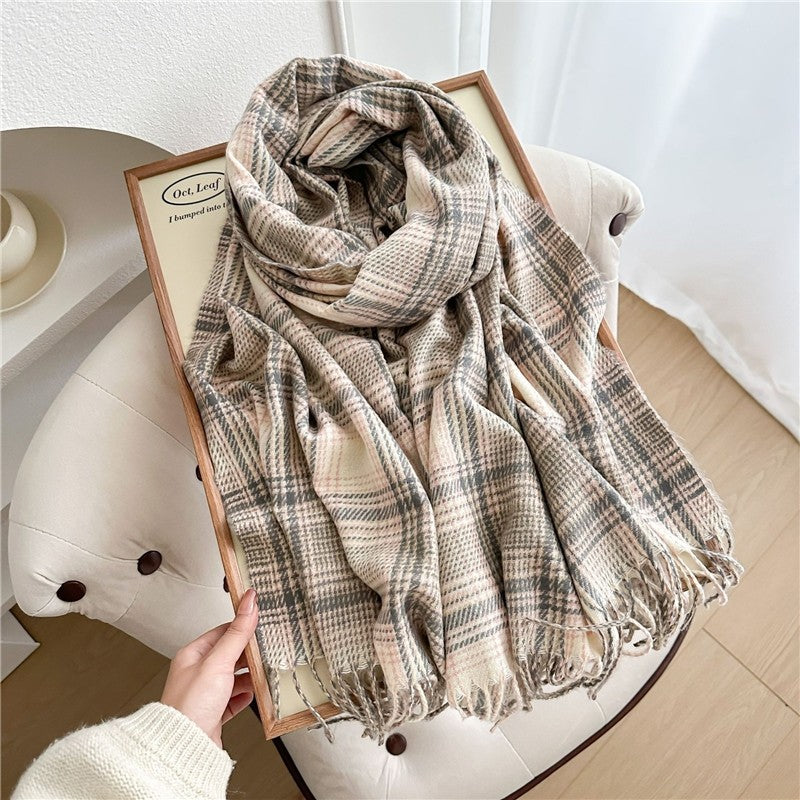 Color Block Plaid Fringe Scarf