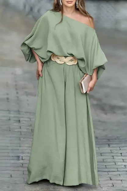 Skew Neck Lantern Sleeve Top \u0026 Wide Leg Pants Set