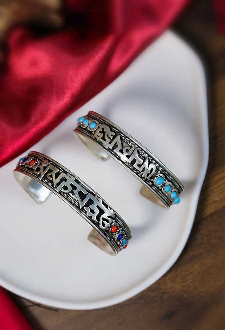 Ethnic Style Nepalese Handmade Jewelry Inlaid With Turquoise Retro Tibetan Jewelry Bracelet, Six-Syllable Mantra