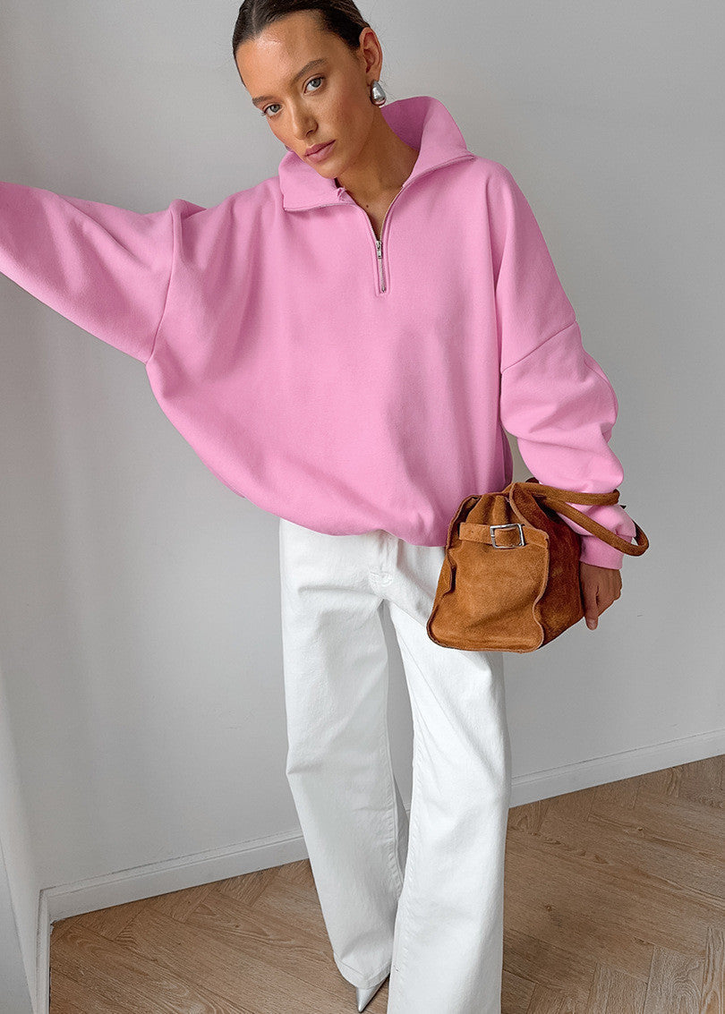 Oversized Cotton Blend Zipper Pullover Sweatshirt