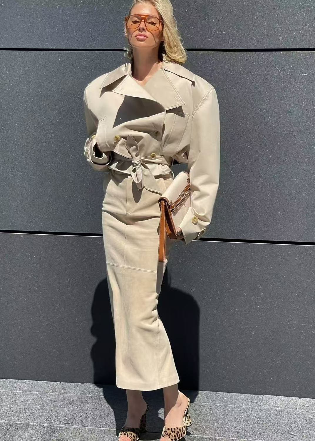 Cropped Belted Trench Jacket Polyester Matte Finish
