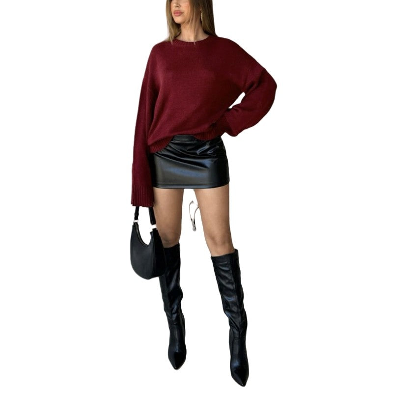 Loose Solid Color Round Neck Long Sleeve Sweater