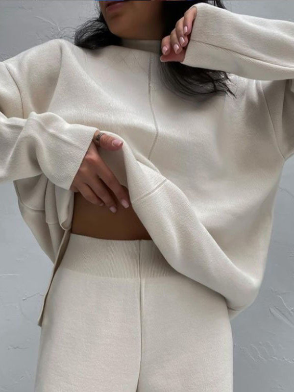 Loose Solid Color High-Neck Sweater Tops&Pants Suits