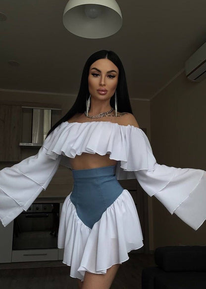 Off Shoulder Ruffle Sleeve Two Tone Mini Dress