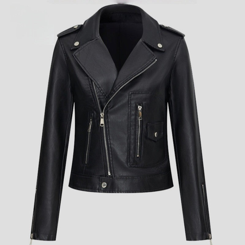 Short Biker Leather Jacket Lapel Collar