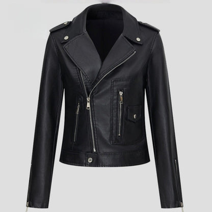 Short Biker Leather Jacket Lapel Collar