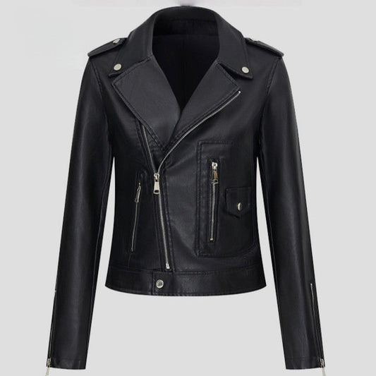 Short Biker Leather Jacket Lapel Collar