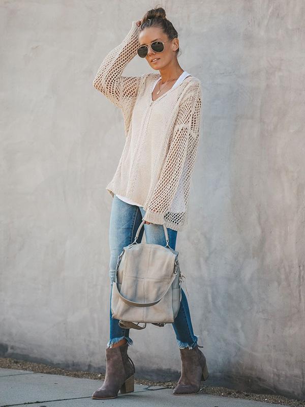 Hollow Solid Color V-Neck Knitting Sweater Tops