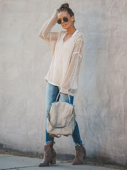 Hollow Solid Color V-Neck Knitting Sweater Tops