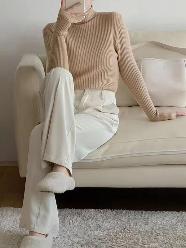 Long Sleeves Skinny Solid Color Mock Neck Knitwear Pullovers Sweater Tops