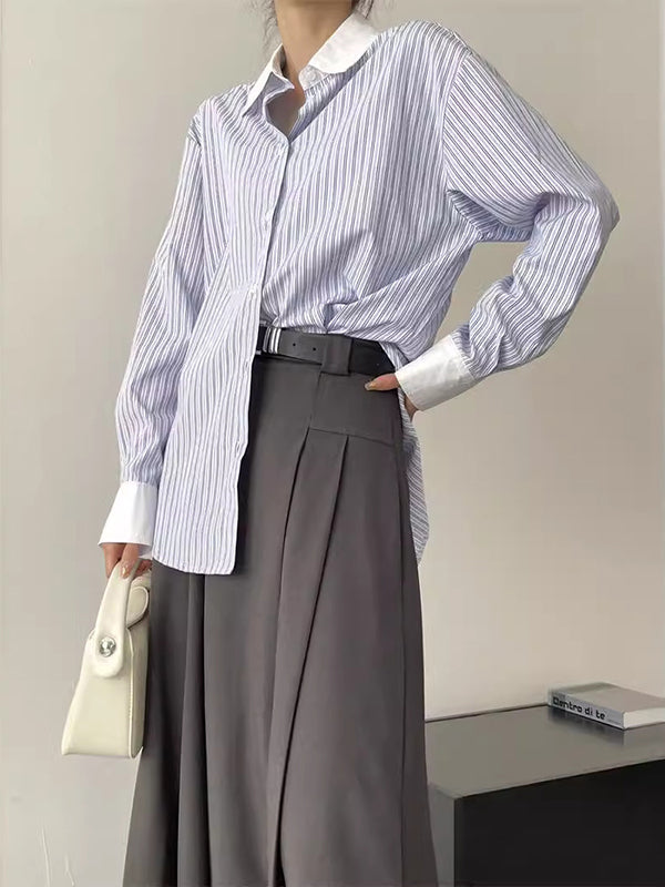 Irregular Clipping Pleated Split-Joint Striped Lapel Blouses