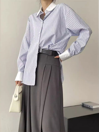 Irregular Clipping Pleated Split-Joint Striped Lapel Blouses