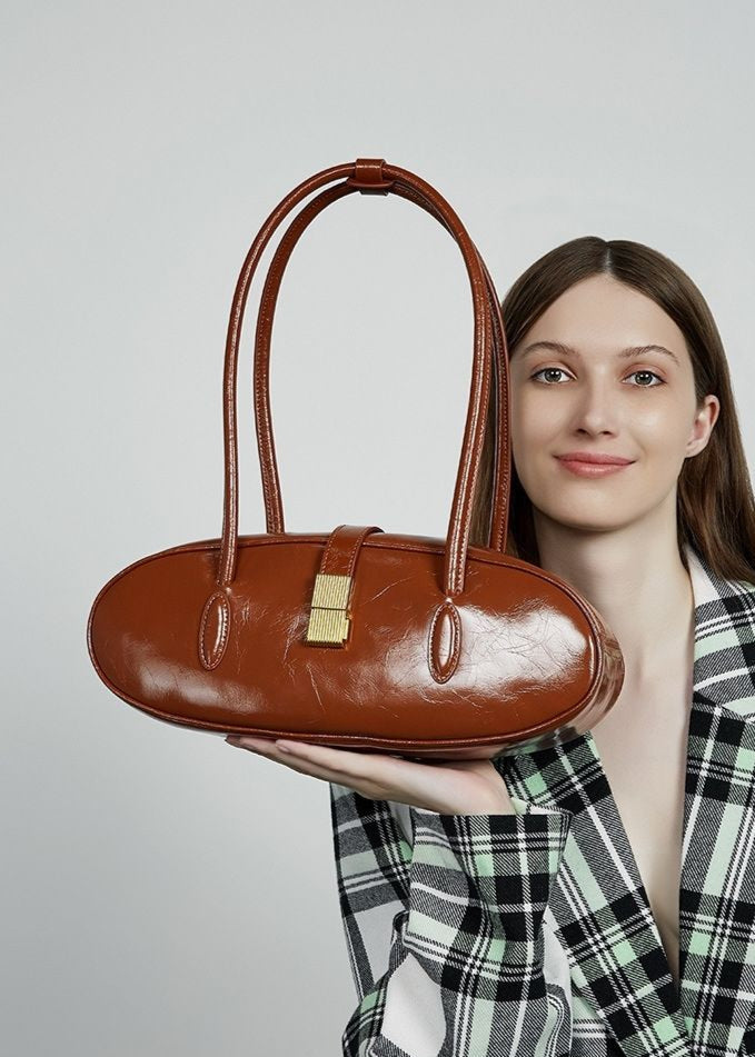Oval Patent Leather Top Handle Structured Handbag
