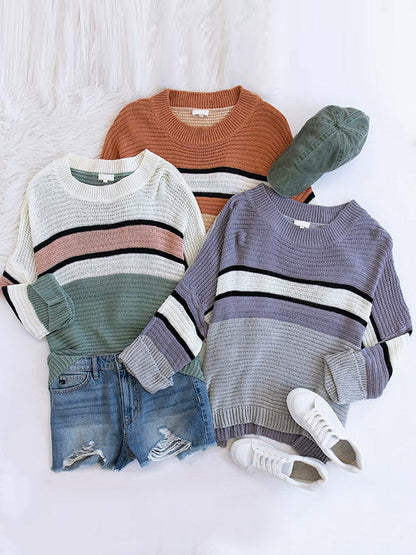 Casual Loose Contrast Color Striped Round-Neck Sweater Tops
