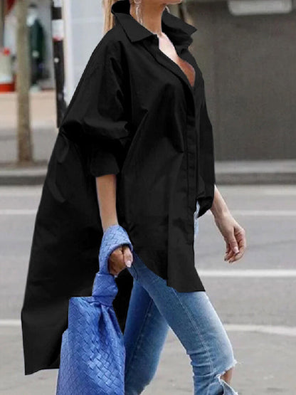 Urban Long Sleeves High-Low Solid Color Lapel Blouse Top