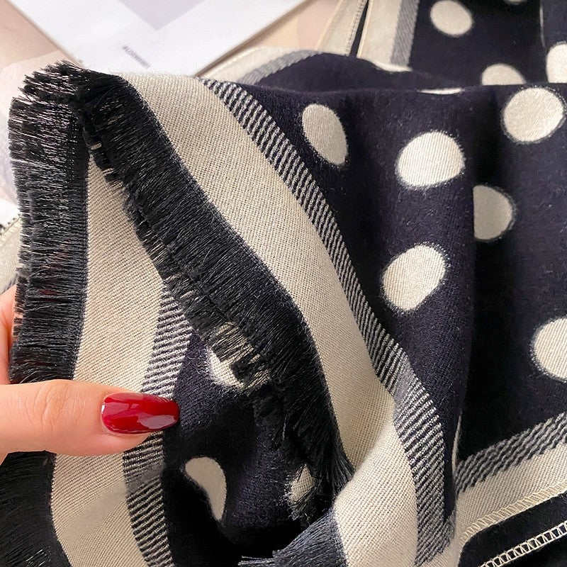 Double Sided Color Blocked Thick Warm Shawl With Polka Dots