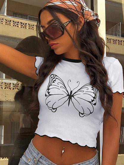 Spring And Summer Simple Joker A Big Butterfly Printed Short Sleeve Top