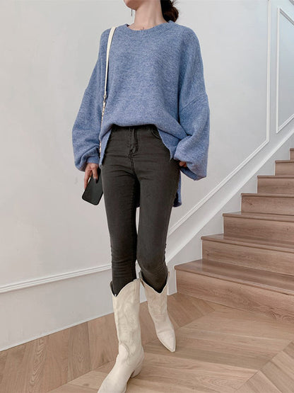 Loose Puff Sleeves Split-Side Solid Round-Neck Sweater Tops