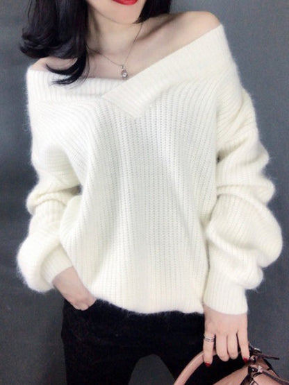 Loose Long Sleeves Solid Color V-Neck Sweater Tops