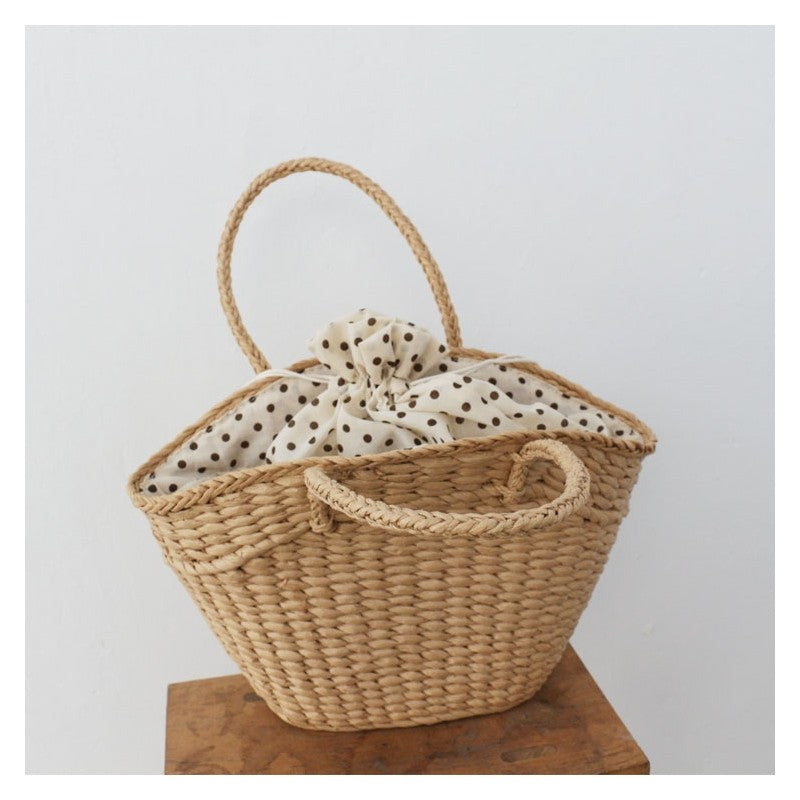 Polka Dot Drawstring Woven Handbag