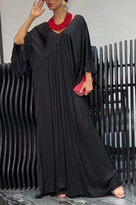 Satin Solid Color V-neck Lotus Leaf Sleeve Loose Pleated Maxi Dress