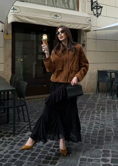 Suede Effect Oversized Jacket With Front Pockets