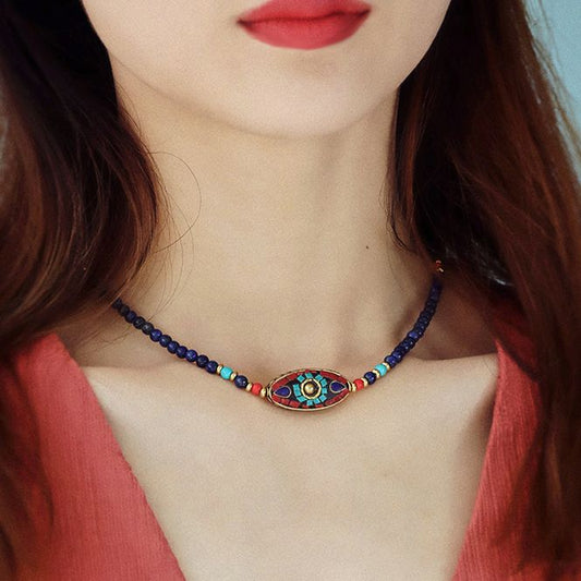 Nepalese Tibetan Jewelry Bohemian Necklace Female Clavicle Chain Bracelet Brass Lapis Lazuli Retro Ethnic Style