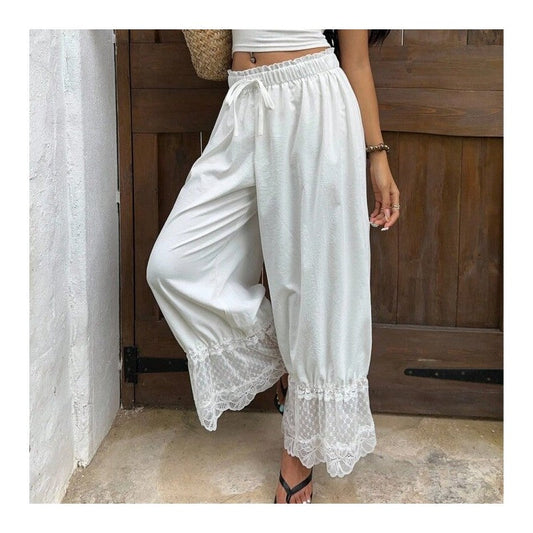 Lace Trim Wide Leg Elastic Waist Pants