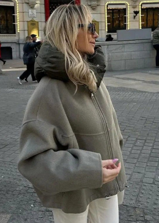 Oversized Hooded Zip Jacket With Padded Collar
