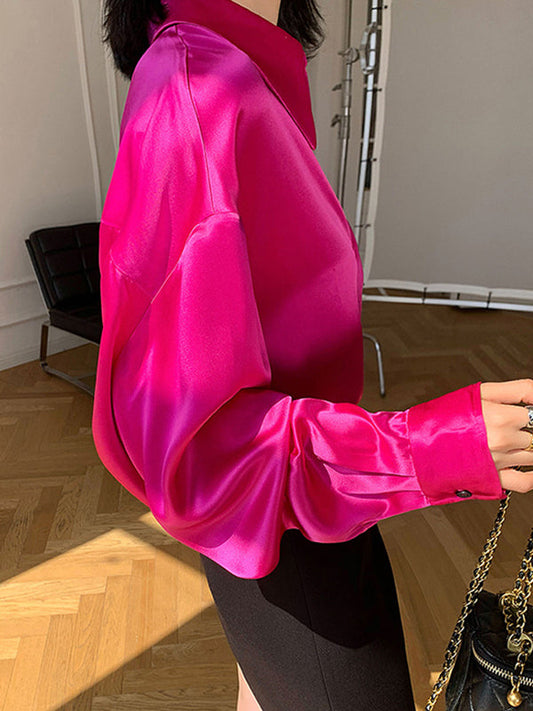 Solid Color Long Sleeves Look-Thin Buttoned  Lapel Blouses