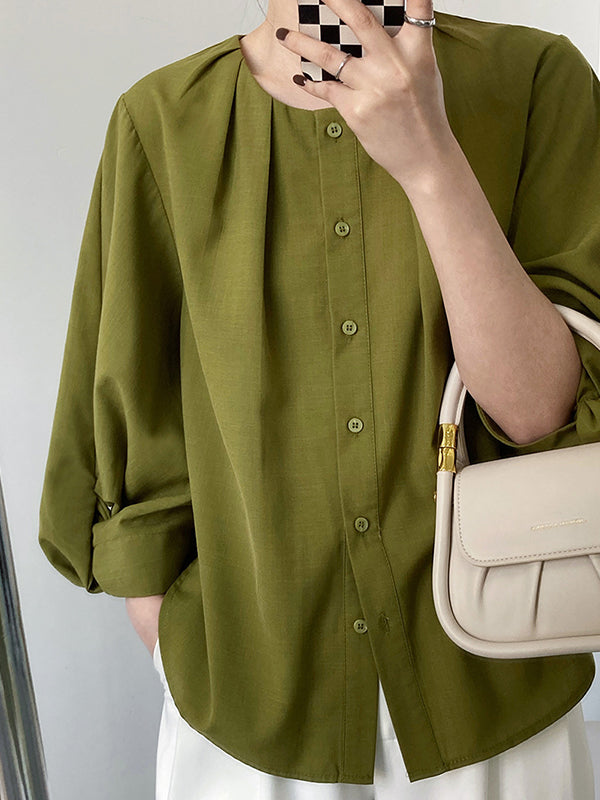 High-Low Loose Pleated See-Through Solid Color Split-Joint Round-Neck Blouses