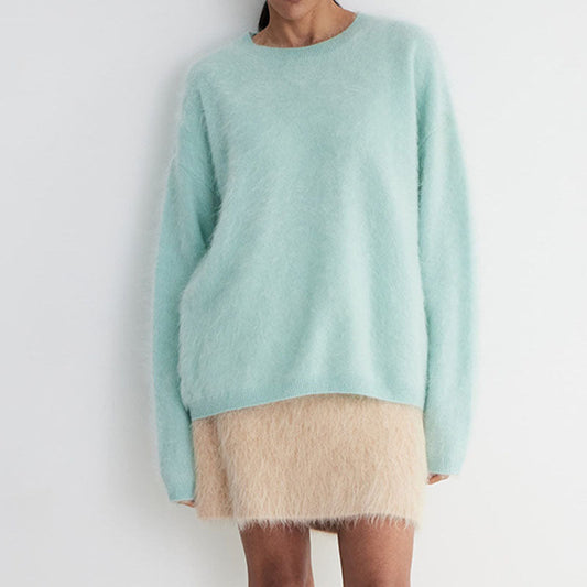 Winter Fuzzy Crew Neck Solid Color Knit Sweater