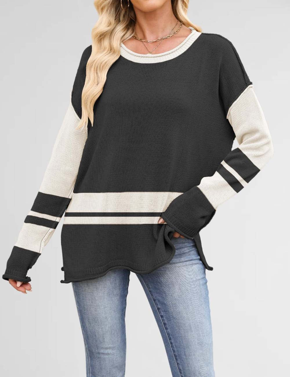 Color Block Round Neck Loose Sweater