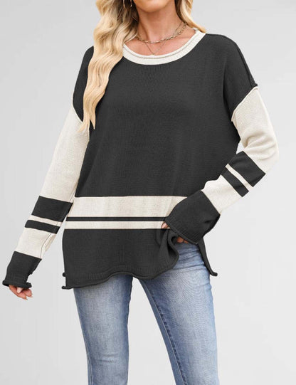 Color Block Round Neck Loose Sweater