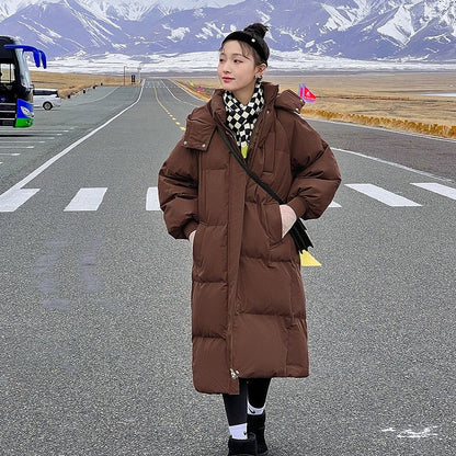 Solid Color Hooded Thickened Down Cotton Long Loose Coat