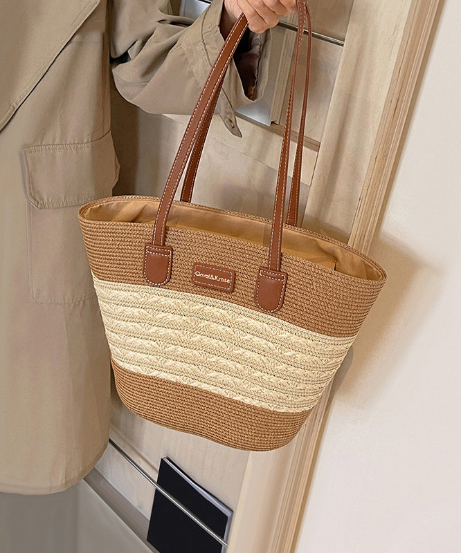 Stylish Khaki Large Capacity Durable Straw Woven Shoulder Bag