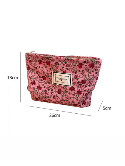 Cosbai - Corduroy Travel Makeup Bag with Floral Prints