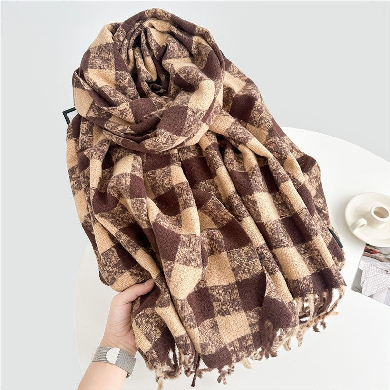 Color Block Plaid Fringe Scarf