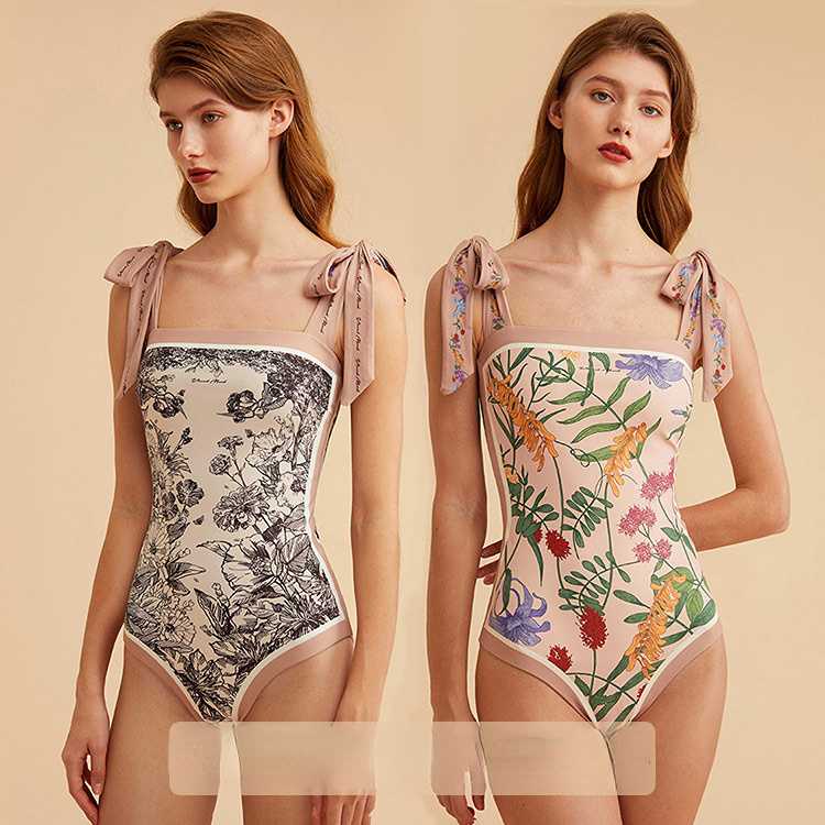 Double Fabric Vintage Print Swimsuit One-Piece Swimsuit Women