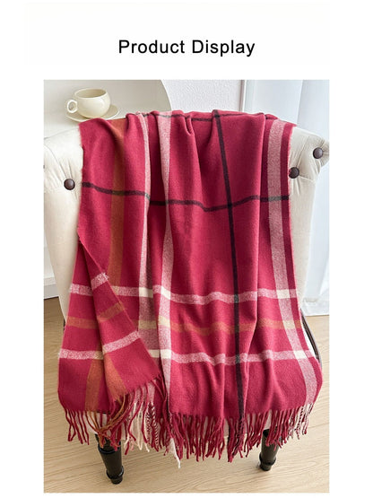 Scarvii - Reversible Color-Block Plaid Scarf with Fringe