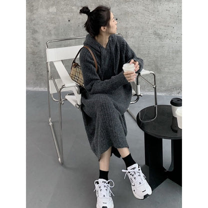 Simple Loose Long Sleeves Drawstring Solid Color Hooded Sweater Dresses