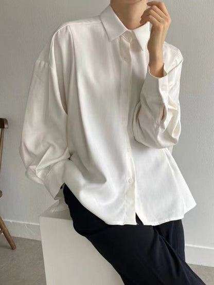 Loose Wrap Buttoned Pleated Solid Color Lapel Blouses&Shirts Tops