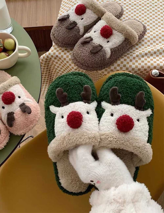 Winter Fuzzy Plush Reindeer Indoor Slippers